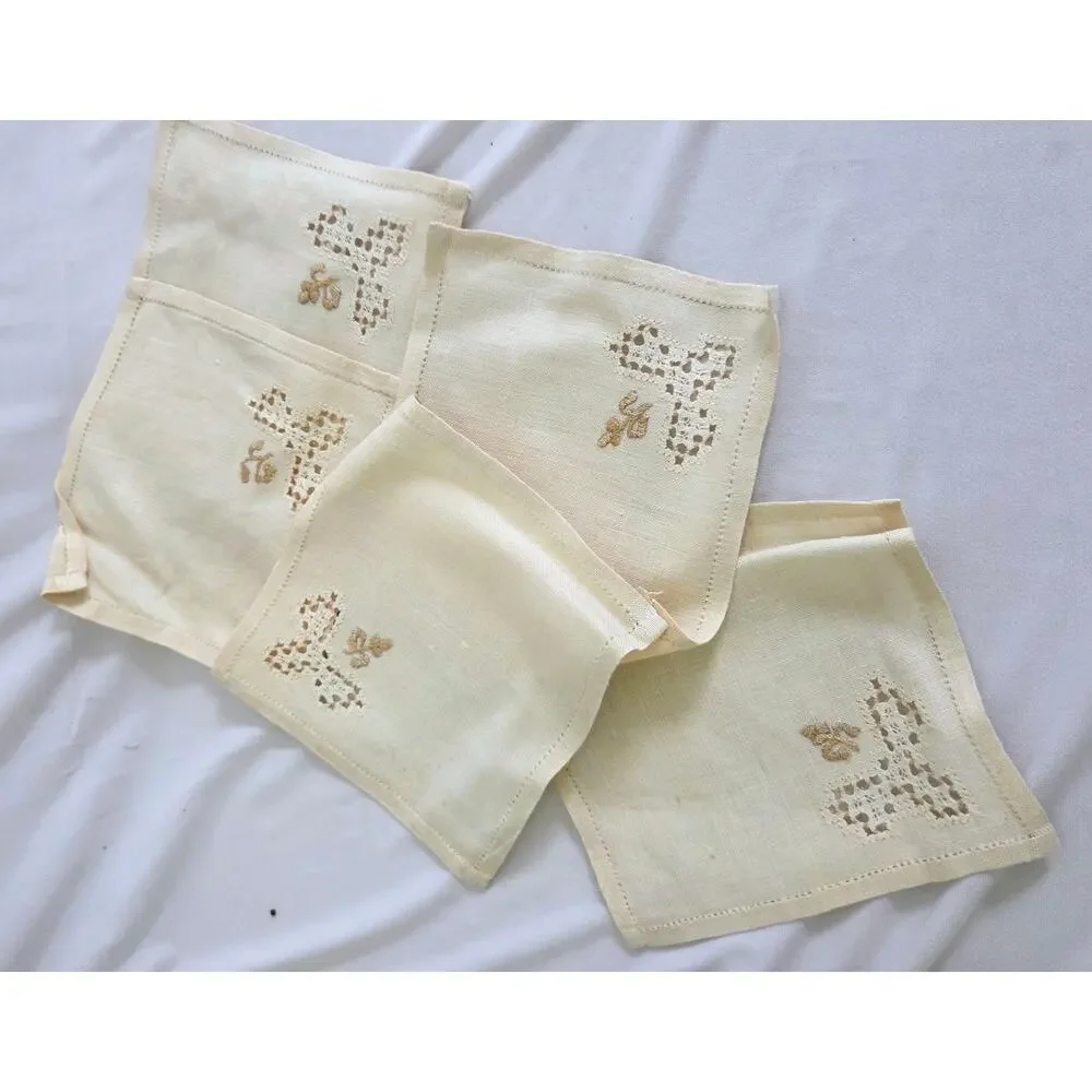 5 Vtg Linen Napkins with Embroidery/Needlepoint Accents